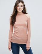 Brave Soul Rib Cold Shoulder Sweater - Pink