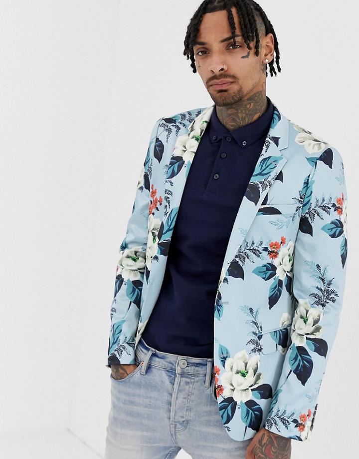 Asos Design Skinny Blazer With Floral Allover Print In Blue - Blue