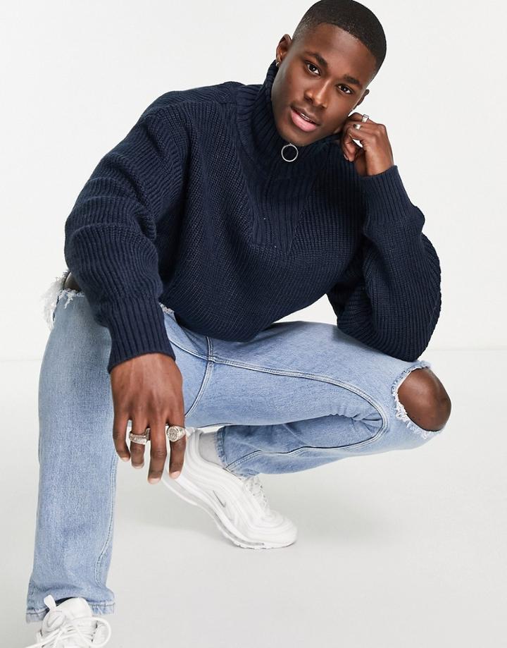 River Island Knitted Funnel Neck Sweater In Navy