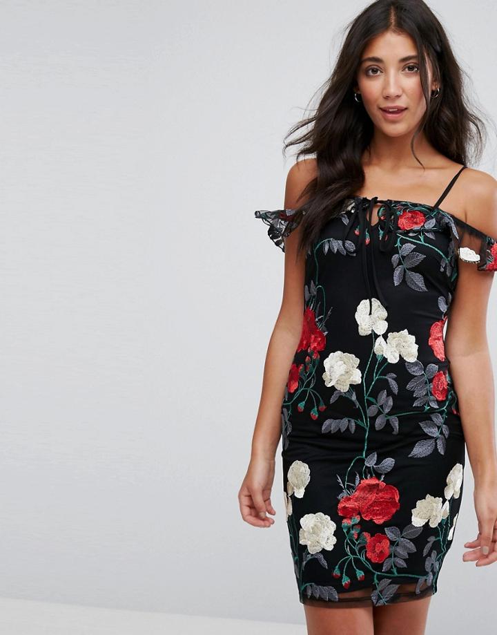 Parisian Cold Shoulder Embroidered Dress - Black