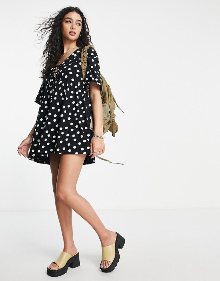Asos Design Mini Smock Dress With Double Tie Detail In Monochrome Spot-multi