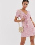 Glamorous Mini Dress With Tie Front In Ditsy Floral Print-pink