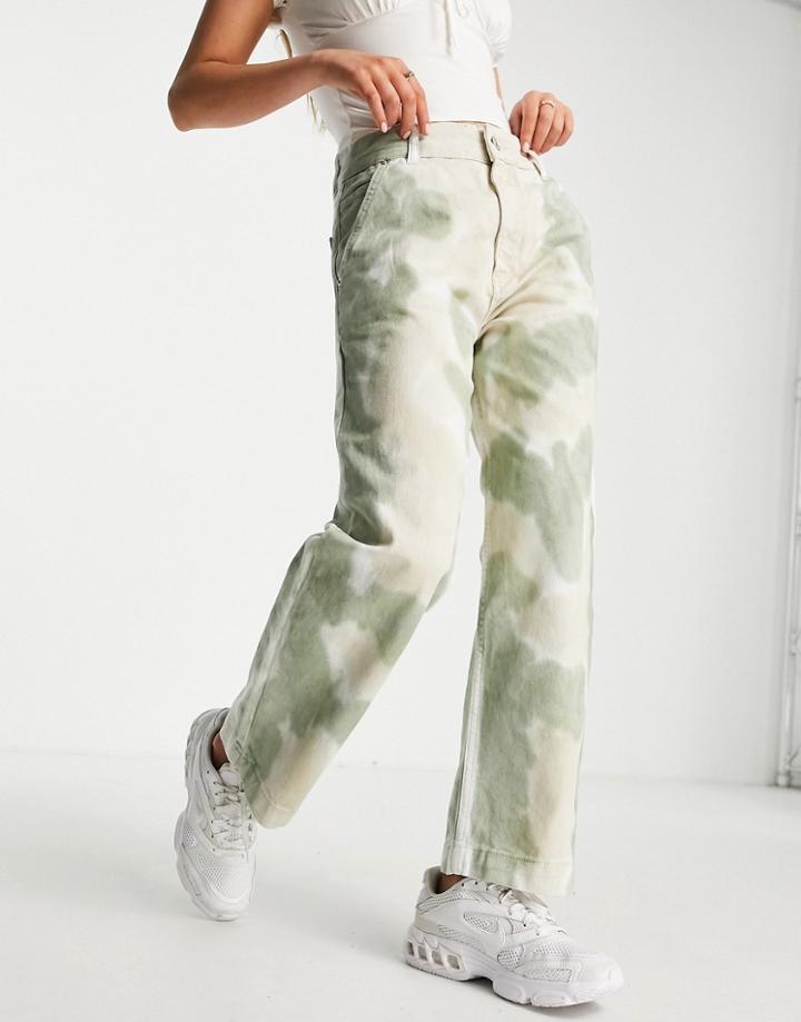 Pull & Bear Slouchy Tie Dye Wide Leg Jean In Green
