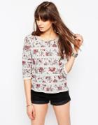 Only Attack Floral 3/4 Sleeve Sweatshirt In Gray & Red - Light Gray Melange A