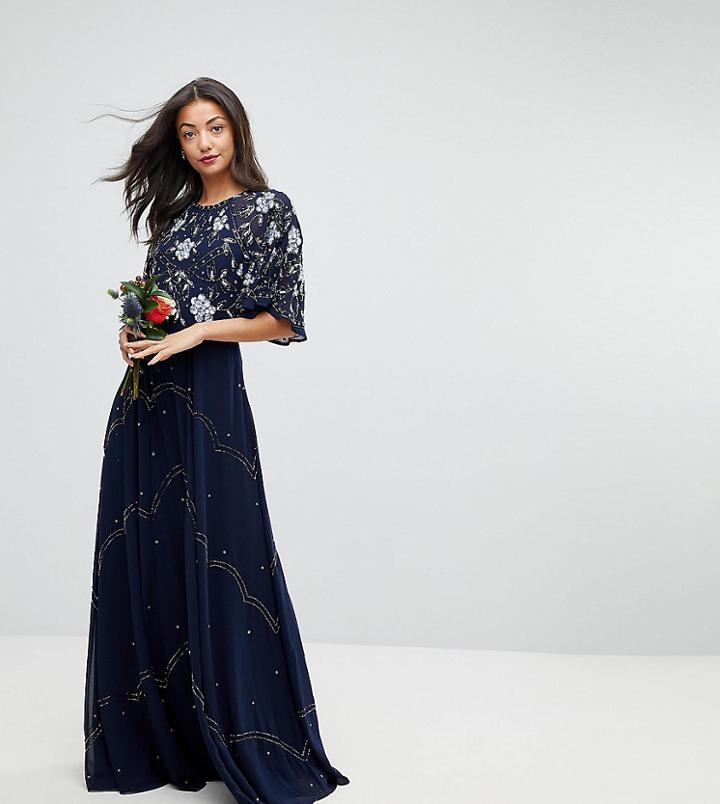 Asos Tall Wedding Embellished Floral Flutter Sleeve Maxi Dress - Navy
