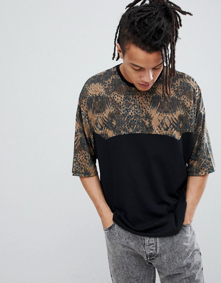 Asos Design Oversized T-shirt With Leopard Print Panels - Black