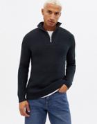 New Look Fisherman Zip Rib Funnel Neck Sweater In Navy