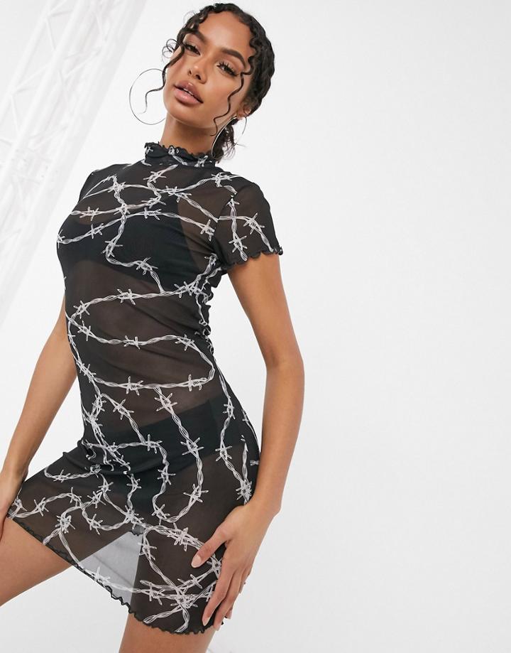 Jaded London High-neck Mini Mesh Dress In Black Barbed Wire Print-multi