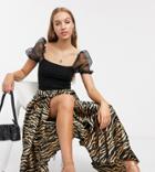 Asos Design Tall Satin Pleat Midi Skirt In Zebra Print-multi