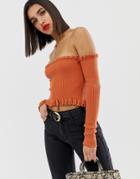 Asos Design Bardot Frill Edge Crop Knitted Top - Red