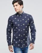 Farah Shirt With Repeat Circle Print In Slim Fit Navy - Navy
