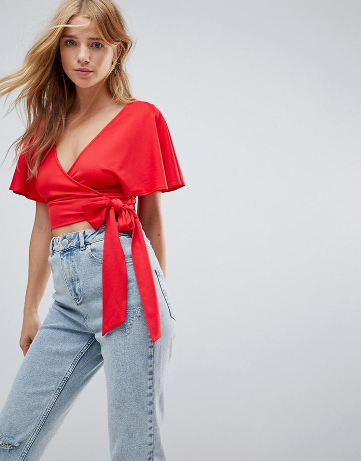 Miss Selfridge Angel Sleeve Tie Crop Top - Red