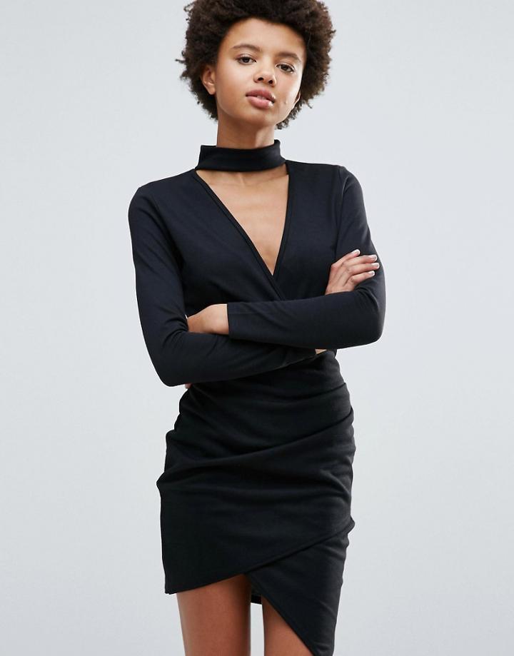 Daisy Street High Neck Bodycon Dress With Crossover Front - Black