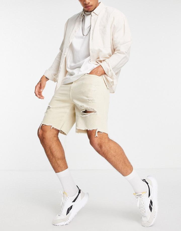 Bershka Distressed Denim Shorts In Beige-neutral
