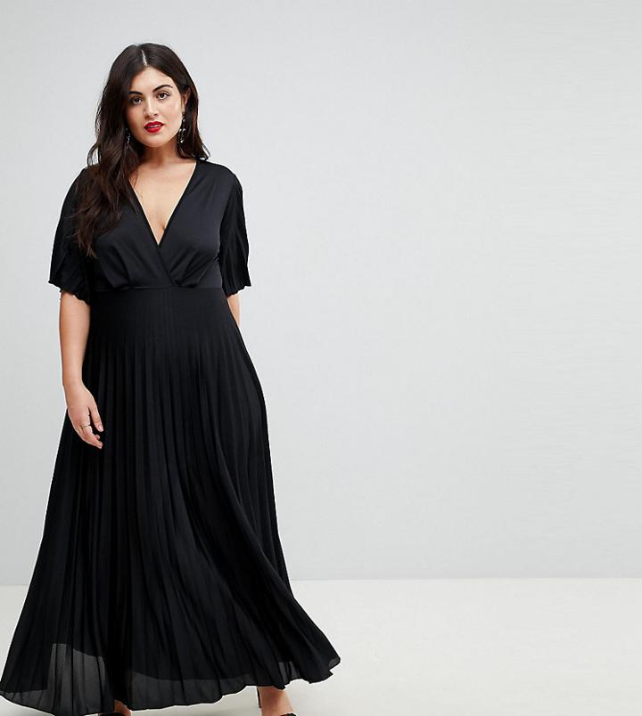 Asos Design Curve Kimono Pleated Maxi Dress-black