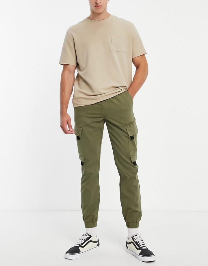 Topman Skinny Cargo Pants With Tab Detail In Khaki-green