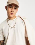 Adidas Originals 'trefoil Linear' Ribbed T-shirt In Beige With Back Print-neutral