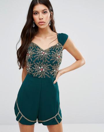 Virgos Lounge Jasmine Embellished Romper - Green