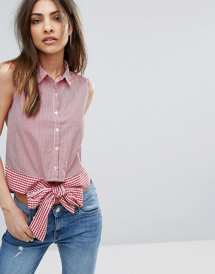 Mango Gingham Tie Sleeveless Shirt - Red