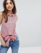 Mango Gingham Tie Sleeveless Shirt - Red