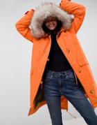 Asos Design Luxe Parka With Faux Fur Trim-orange