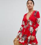 Missguided Petite Floral Tie Front Dress - Red