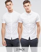 Asos Skinny Shirt In White With Square Collar And Grandad Collar 2 Pack Save 15% - White