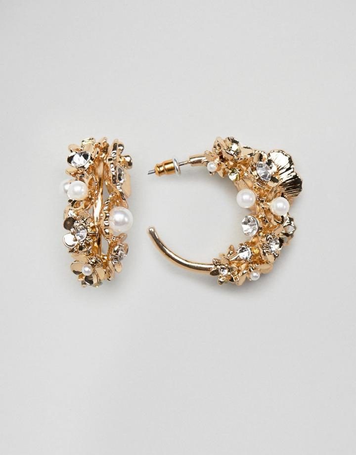 Asos Design Hoop Earrings With Floral Gardenia Design In Gold - Gold