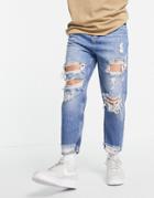 Pull & Bear Loose Fit Ripped Jeans In Dark Blue-blues