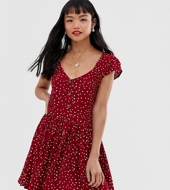 Brave Soul Petite Smock Dress With Mini Buttons In Heart Print - Red