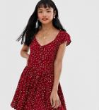 Brave Soul Petite Smock Dress With Mini Buttons In Heart Print - Red