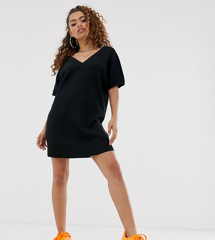Asos Design Petite Short Sleeve Super Soft Rib V Front V Back Mini Dress - Black
