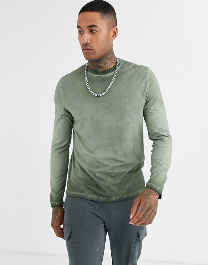Asos Design Long Sleeve T-shirt With Pigment Wash In Khaki-green