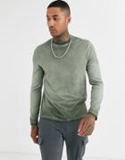 Asos Design Long Sleeve T-shirt With Pigment Wash In Khaki-green