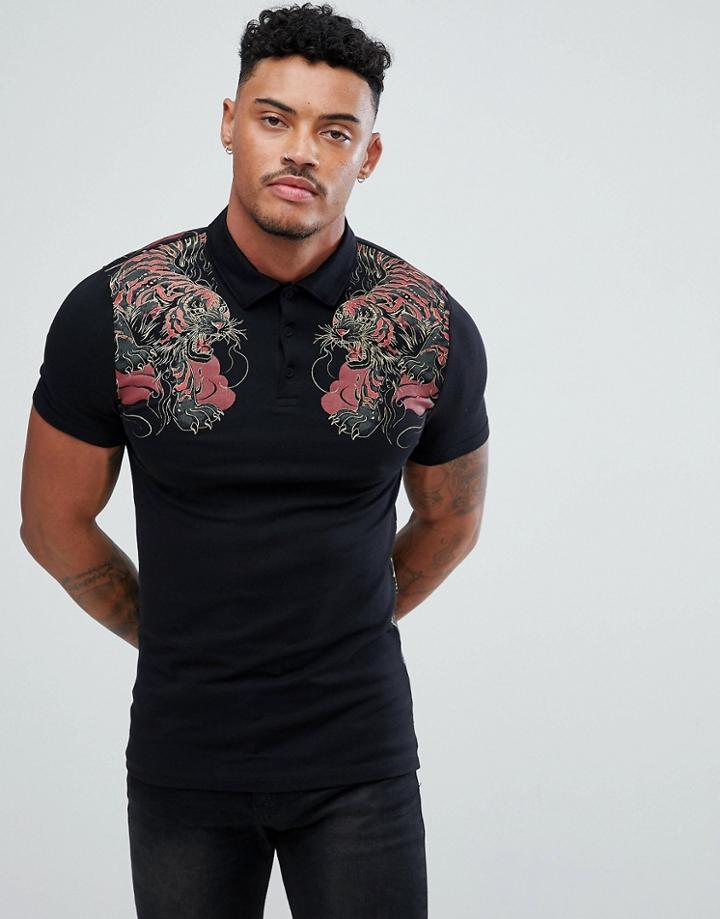 Asos Design Muscle Polo With Tiger Print - Black