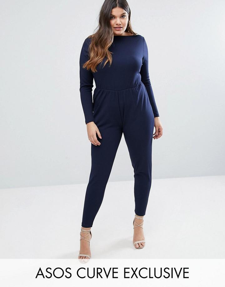 Asos Curve Peg Jumpsuit In Crepe With Slash Neck - Navy