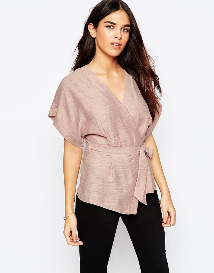 Asos Casual Obi Band Wrap Blouse - Pink