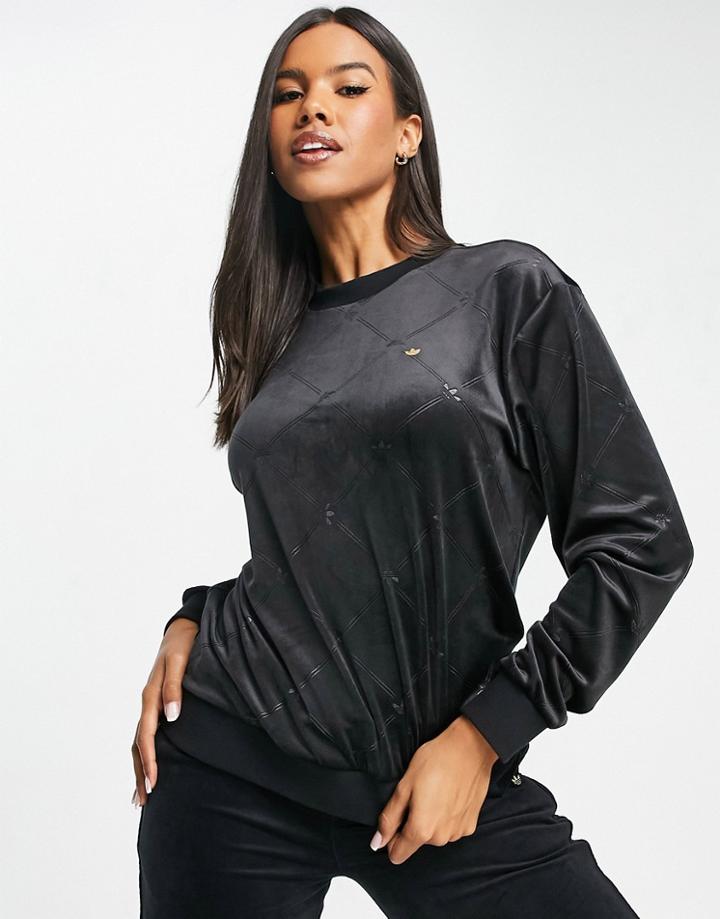 Adidas Originals Velour Sweatshirt With All Over Trefoil Print In Black