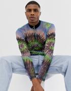 Asos Design Long Sleeve T-shirt With Turtle Zip Neck In Mesh Tie Dye Wash - Multi