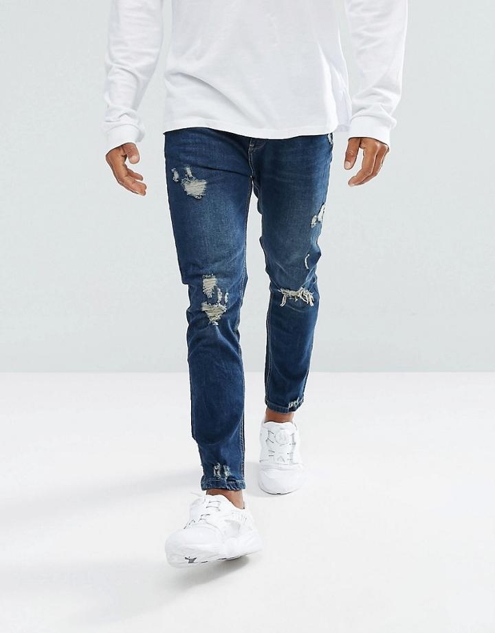 Bershka Skinny Jeans With Rips In Dark Blue Wash - Blue