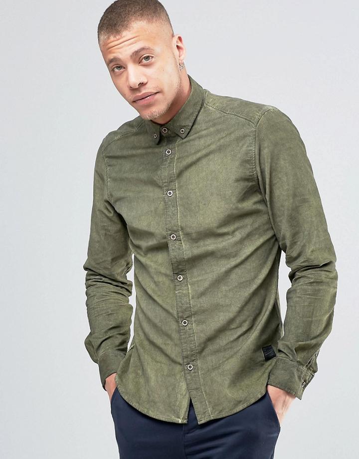 !solid Button Down Chord Shirt In Oil Wash - Green
