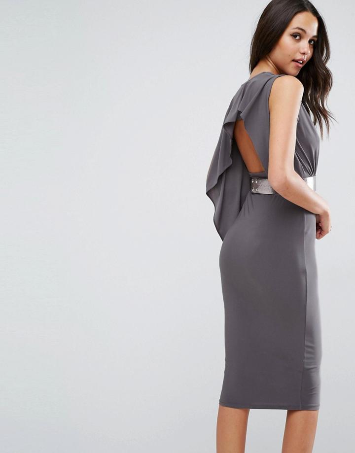 Asos Drape Open Back Midi Dress With Metallic Belt - Gray