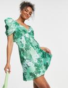 Asos Design Button Up Mini Tea Dress With Drape Shoulder Detail In Green Floral