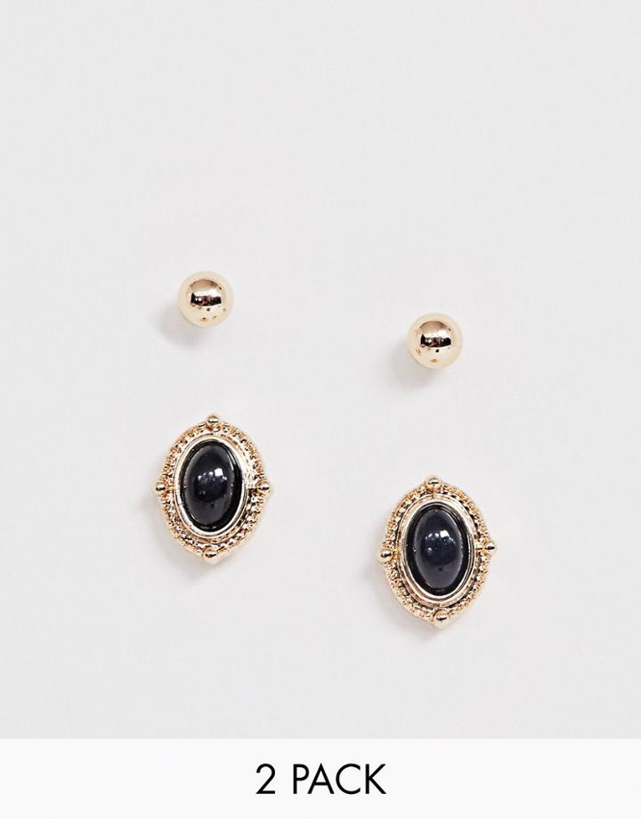Asos Design Pack Of 2 Stud Earrings With Stone In Gold Tone - Gold