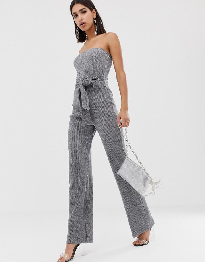 Prettylittlething Glitter Bandeau Wide Leg Jumpsuit With Tie Waist In Silver - Silver
