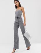 Prettylittlething Glitter Bandeau Wide Leg Jumpsuit With Tie Waist In Silver - Silver