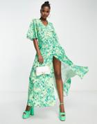 Liquorish Floral Maxi Wrap Dresss With Kimono Sleeves In Green