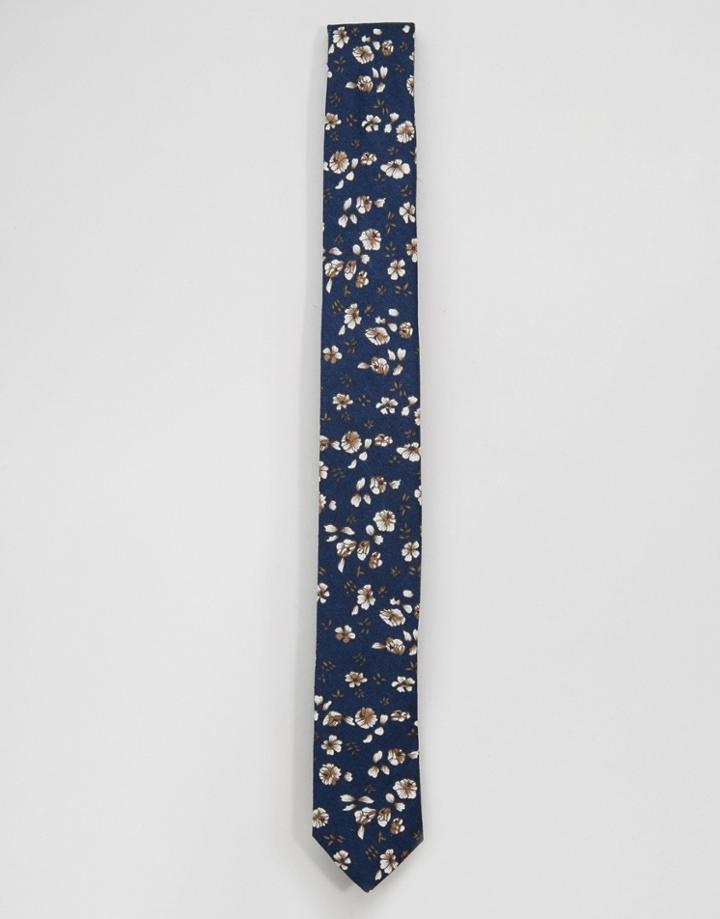 Noose & Monkey Skinny Tie Floral In Cotton - Navy