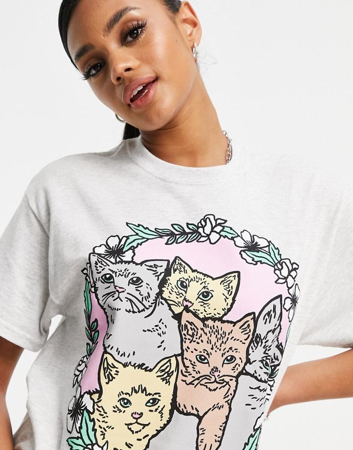 New Love Club Oversized T-shirt With Cute Kittens In Gray-grey