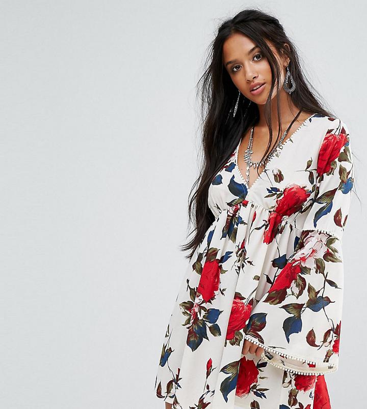 Sisters Of The Tribe Petite Festival Swing Dress With Flared Sleeves And Tie Back In Floral - White
